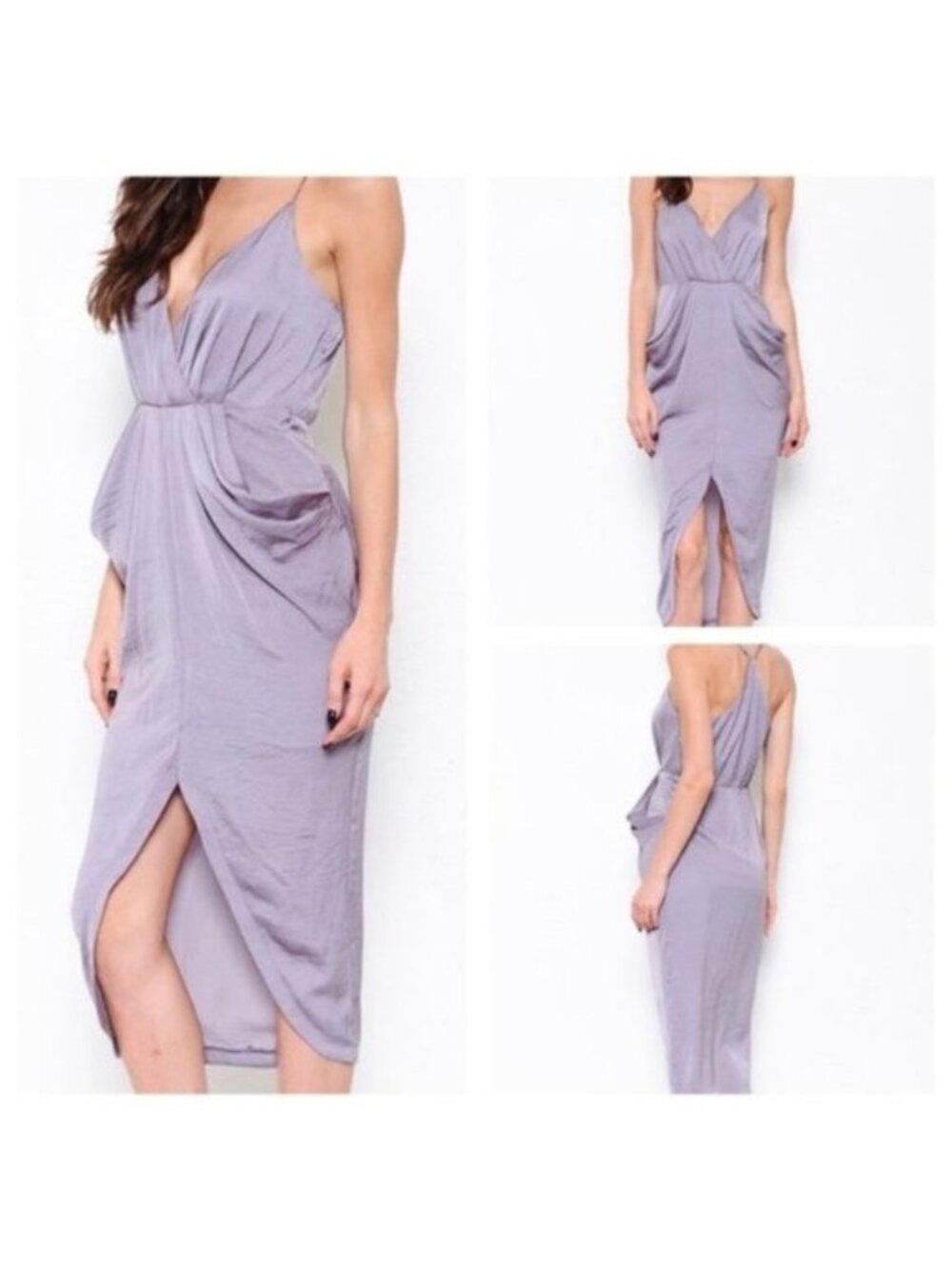 L'atiste Lavender Silky Wrap Midi Dress With Tulip Hem